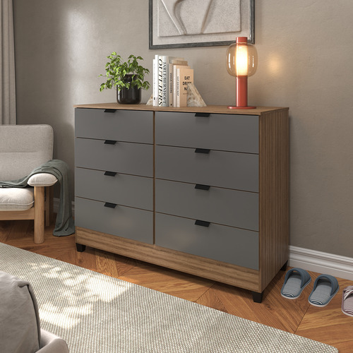 Cômoda Industrial 8 Gavetas P/ Quarto Casal Organizador De Roupas Cor: Cinza Com Madeirado E Design Moderno E Sofisticado Mod. Gk