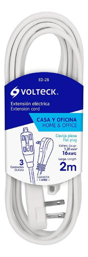 Extensión Eléctrica Doméstica, 2 M, Blanca, Volteck 48000 Color Blanco