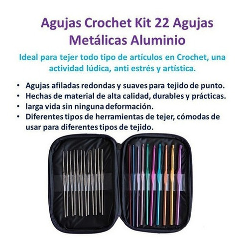 Agujas Crochet Kit 22 Agujas Metálicas Aluminio