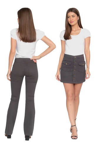 Imagem 5 de 7 de Kit 2 Pçs Calça Flare Em Sarja Lycra E Saia Feminina Bolsos