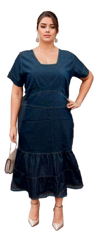 Vestido Moda Evangélica Jeans Com Elastano Plus Size Geny