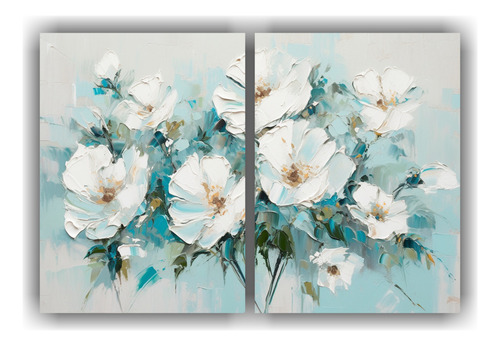 80x50cm Cuadro Floral Blanco Y Turquesa Para Decorar Ambient