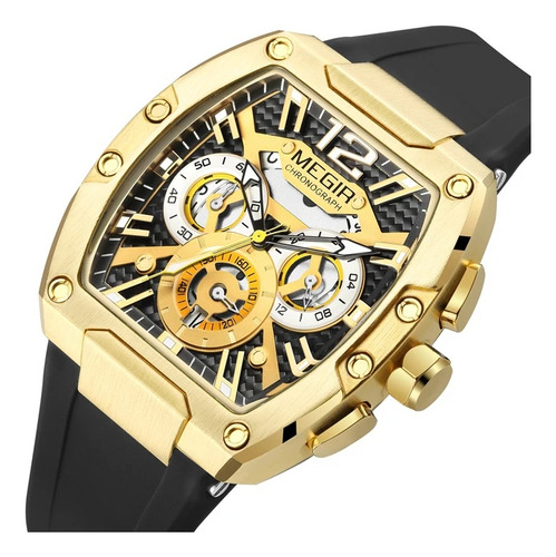 Relógio De Quartzo De Moda Luminosa Megir Chronograph Cor Da Correia Dourado/preto