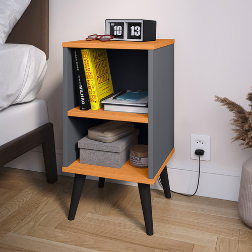 Kit 2 Criados Mudo P/ Quarto Compacto C/ Prateleira Pés Retrô -cinza/cinamomo