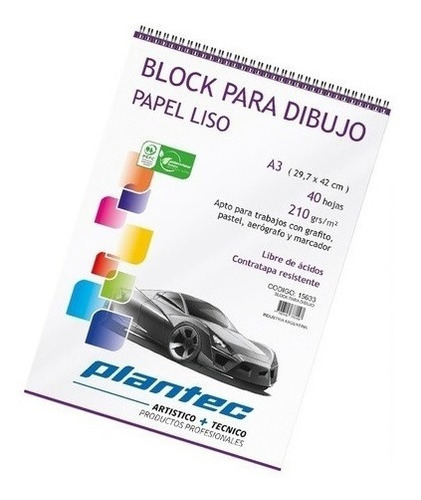 Block Plantec Dibujo A3 Liso 40 Hojas 210g Acrilico Tecnico Color Blanco