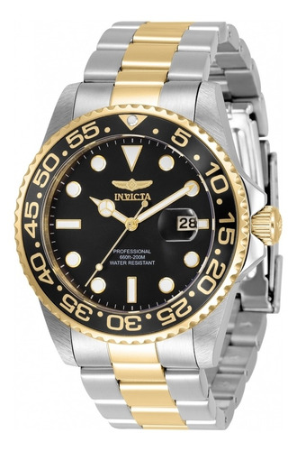 Reloj pulsera Invicta Pro Diver 33255 de cuerpo color acero, analógico, para hombre, fondo negro, con correa de acero inoxidable color acero y oro, agujas color blanco y oro, dial blanco, subesferas color blanco, minutero/segundero blanco, bisel color negro y oro y blanco, luz verde oscuro y desplegable