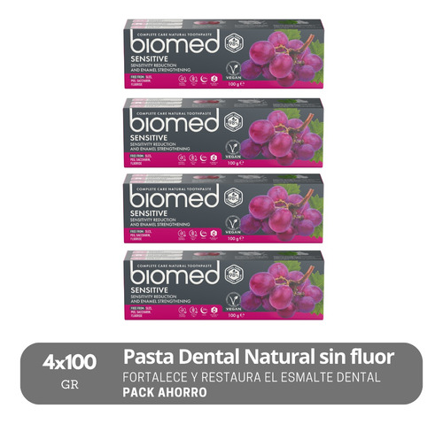Pack 4 Pastas Dentales Naturales Biomed Sensitive 100g