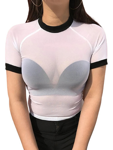 Blusa Mujer Sexy Malla Transparente Manga Corta Casual Moda