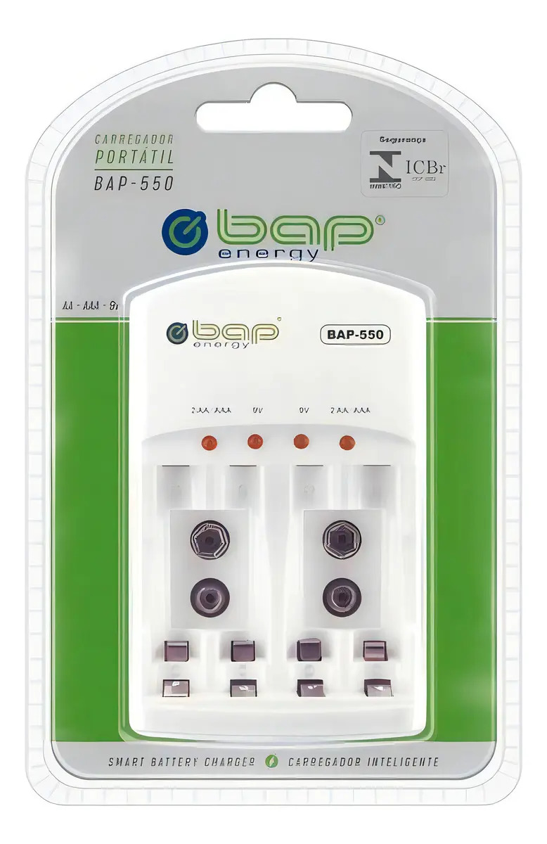 Carregador de Pilhas e Baterias Bap BAP-550 para AA e 9V com Indicador de Carga