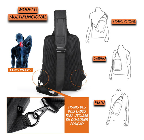 Mochila Transversal Luxo Masculina Para iPad Com Entrada Usb Cor Preto TokShop