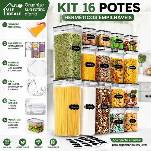 Vie Idéale Kit 16 Potes Herméticos Mantimentos Quadrado Cozinha Tampa Trava