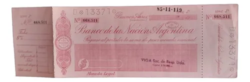 Antiguo Cheque Banco Nación Circa 1920