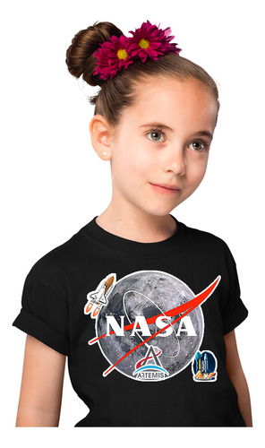 Camiseta Negra Niña Manga Corta Nasa Luna Adn Camisetas