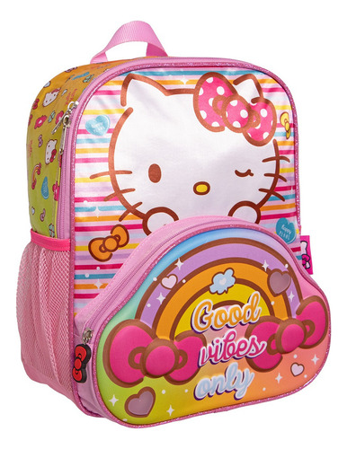 Kit Mochila Hello Kitty Lonchera Lap Original C Luz Kinder Rosa Rosa
