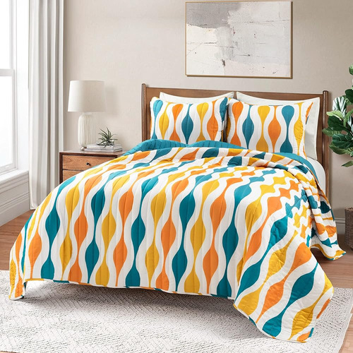 Exuberante Decoración Mid Century Geo 3 Piece Quilt Set, Kin