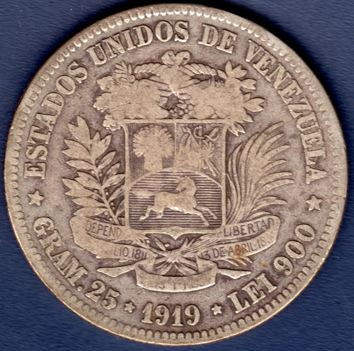 Moneda De 5 Bolívares De 1919 Fuerte De Plata