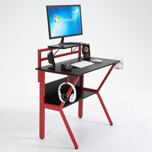 Imagen 2 de 4 de Escritorio Gamer Metalico Rojo Con Negro Akivoy