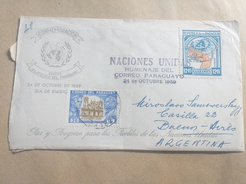 Paraguay Sobre Primer Día Naciones Unidas 1959 Registrado 