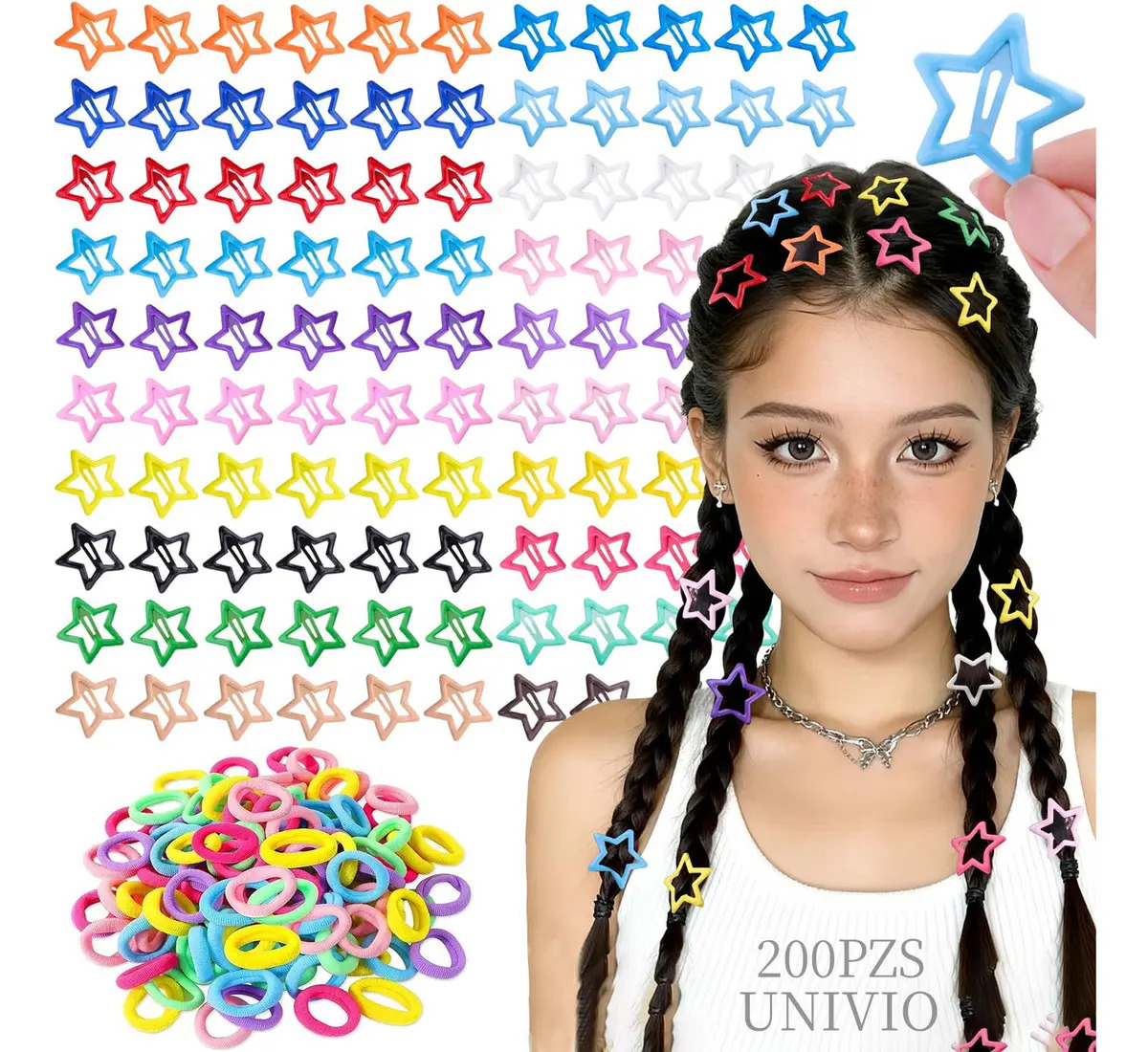 Pack de 200 Horquillas de Estrella Coloridas y Ligas para Cabello de Niñas