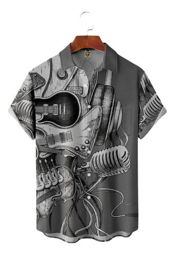 Camisa Hawaiana Unisex Music Grey, Camisa De Playa De Verano