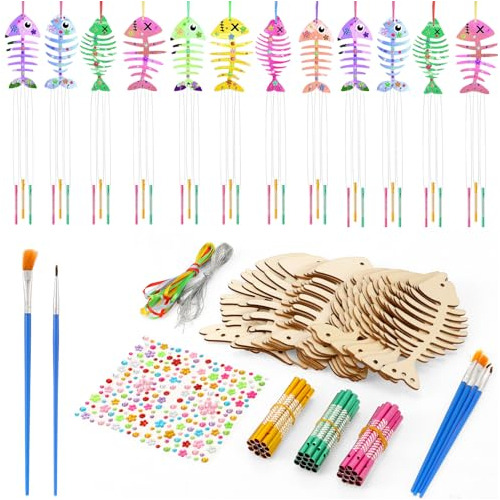 24 Pcs Wind Chime Kit For Kids,diy Coloring Fish Bone S...