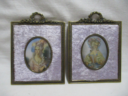 Antiguo Par Cuadros Miniaturas Damas Pintadas A Mano Firmado (Usado)