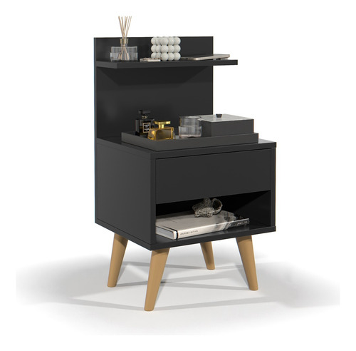 Mesa De Cabeceira Retro 1 Gaveta Mesinha Quarto Com Nicho Acabamento Brilhante Cor Preto
