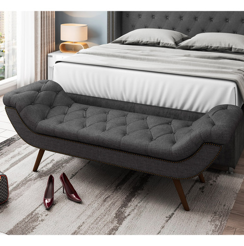 Puff Recamier Com Tachas 195cm Santorini Linho Cinza Escuro