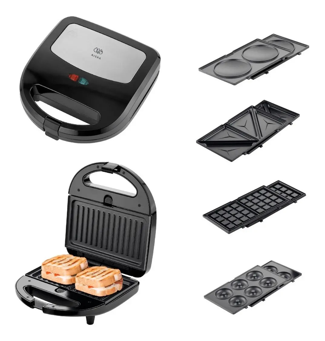 AVERA Sandwichera Eléctrica 5 en 1 con Placas Intercambiables para Panini, Waffles, Hot cakes y más | Sandwichera y Waflera Multifuncional, Con Luz Indicadora y fácil de limpiar, C