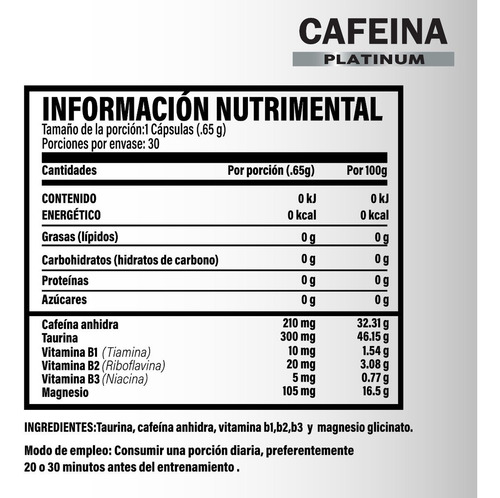 Cafeina Platinum Testrol 30 Capsulas Sabor Sin sabor