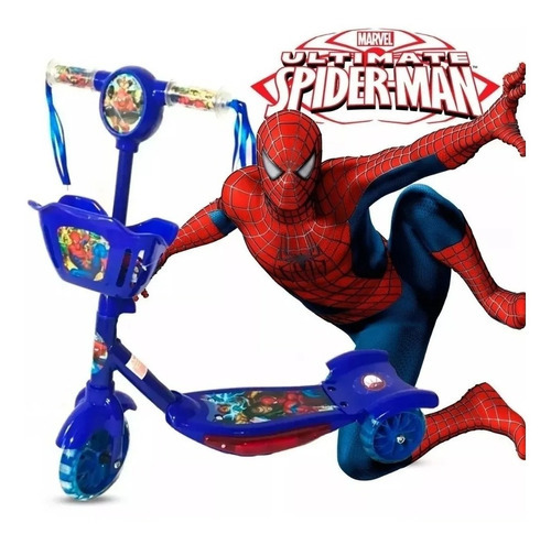 Patinete Infantil Homem-aranha 3 Rodas Com Led E Cestinha Cor Homem Aranha Azul