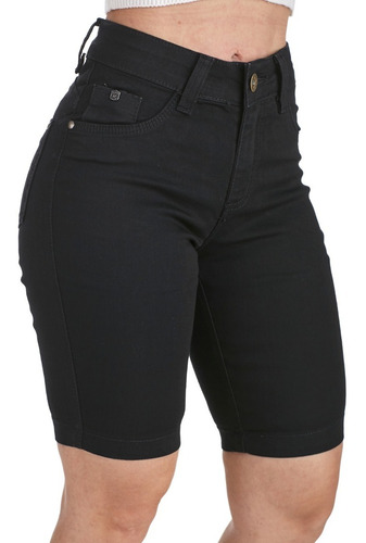 Short Jeans Ciclista Feminina Preto Basico Cintura Alta 