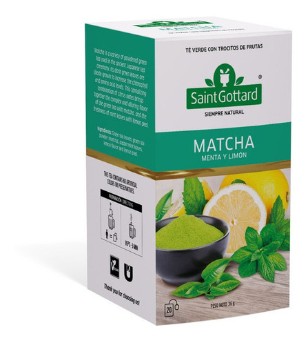 Te Saint Gottard Matcha, Menta Y Limón X 20 Saquitos