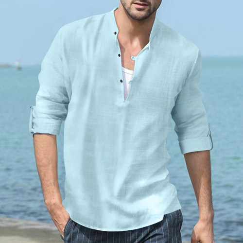 Camisa De Playa Casual De Manga Larga Y Cuello Alto Hombre