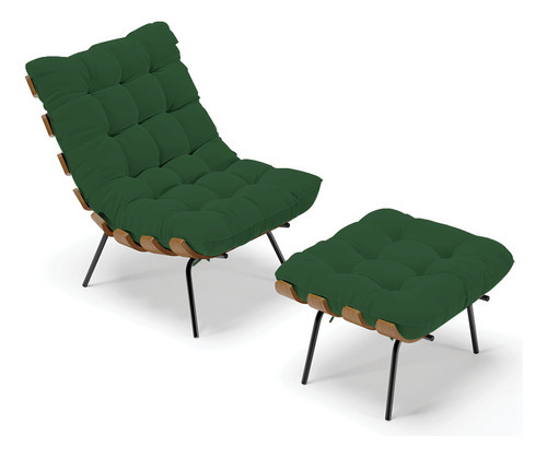Kit 01 Poltrona E 01 Puff Costela Veludo Verde Base Metálica