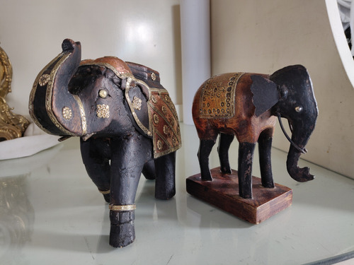 Antiguo Elefante De Madera Y Bronce Dorado (Usado)