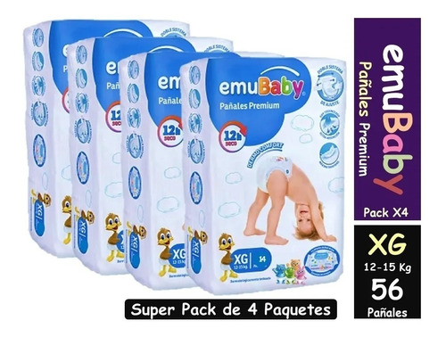 Pañales Emubaby Premium Xg Pack 4 Paquetes Total 56 U