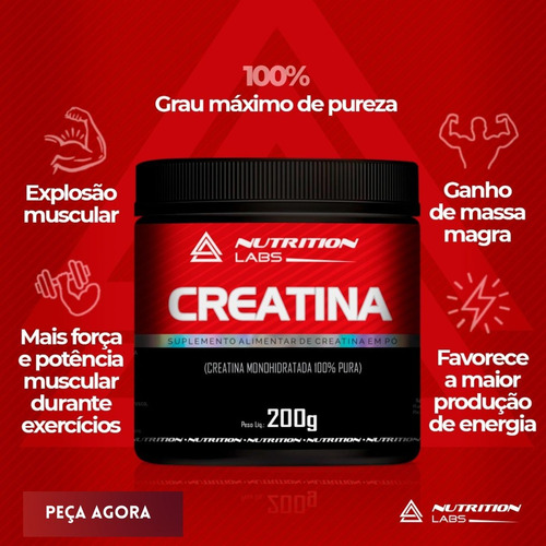 Creatina Monohidratada 100% Pura 200g Em Pó - Nutrition Labs Sabor Imediato