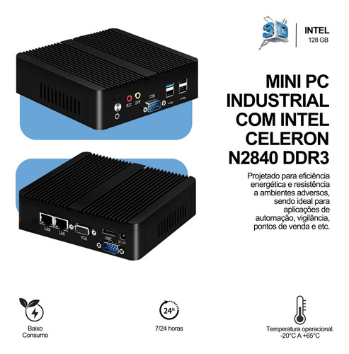 Mini Pc Industrial 3d X | Intel Celeron N2840, 8gb Ddr3, 120gb Com Adaptador Wi-fi Dual Band E Bluetooth 5.0 + Suporte Vesa - Ideal Para Automação, Vigilância E Indústrias