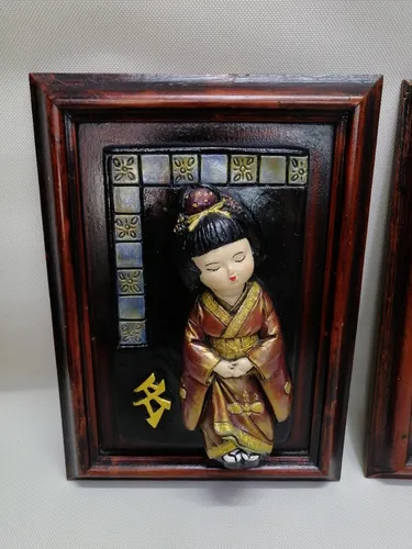 Cuadro Japonés Antiguo En Madera Y Ceramica Al Oleo Relieve (Usado)