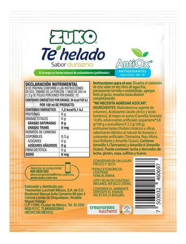 30 Pzas Bebida En Polvo Zuko Té Helado Negro Sabor Durazno 1