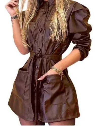 Vestido Feminino Couro Fake Curto Manga Longa Moda Parka