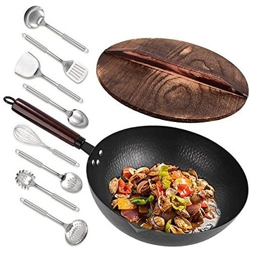 Wok De Acero Al Carbono Con Tapa De Madera Y Accesorios