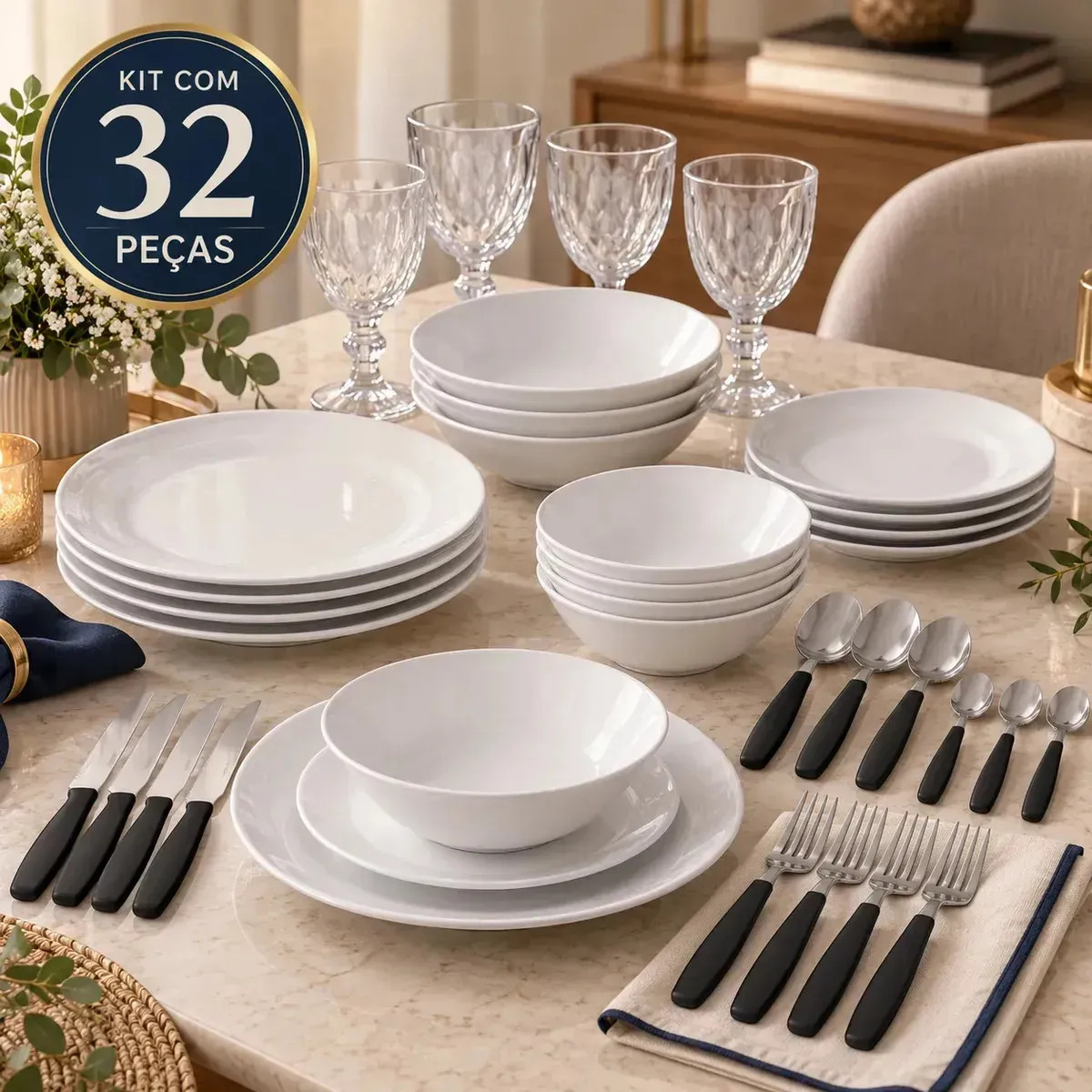 Aparelho de Jantar 32 Peças Pratos Rasos Fundos Sobremesa Tigelas Saladeiras Taças Diamond 320ml Talheres  Faqueiro Sólar Completo para 4 Pessoas
