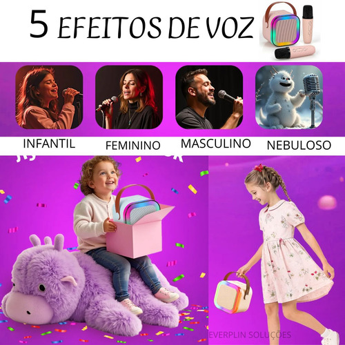 Caixinha Som Karaokê Infantil C/ 2 Microfone Bluetooth S/fio Creme