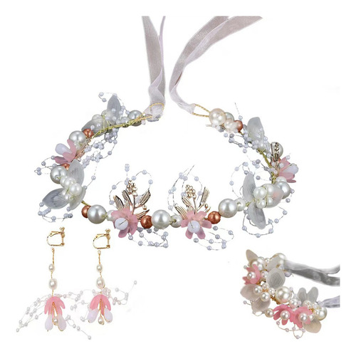 4 Accesorios Niñas Cabello Tiara Con Flores Perlas Cristal