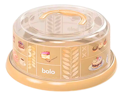 Boleira Plasútil Redonda Com Tampa Rosca Decorada - Bege