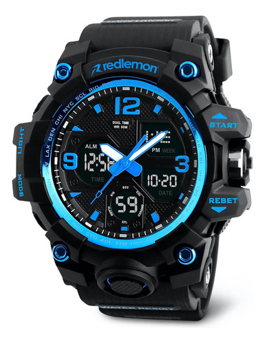 Redlemon Reloj Digital y Análogo, Deportivo y Militar, 4 Pantallas, Retroiluminación, Resistente al Agua, con Cronómetro, Temporizador, Alarma y Fecha, Modelo 1155B, Color Azul