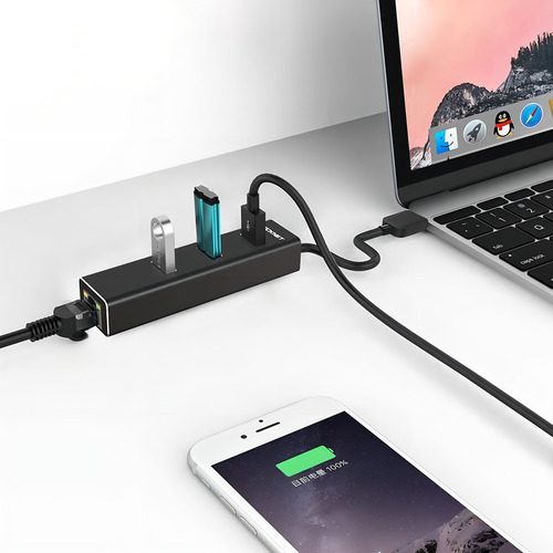 Hub Usb 3.0 De 3 Puertos Tecknet De Aluminio Con Rj45 10/100