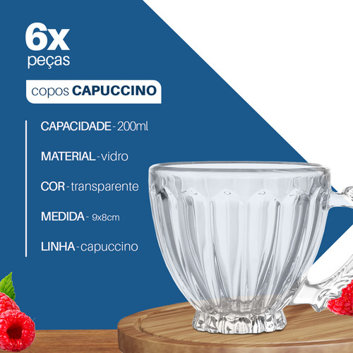 Canecas Vidro Cappuccino Chá Café 200ml Conjunto 6 Peças